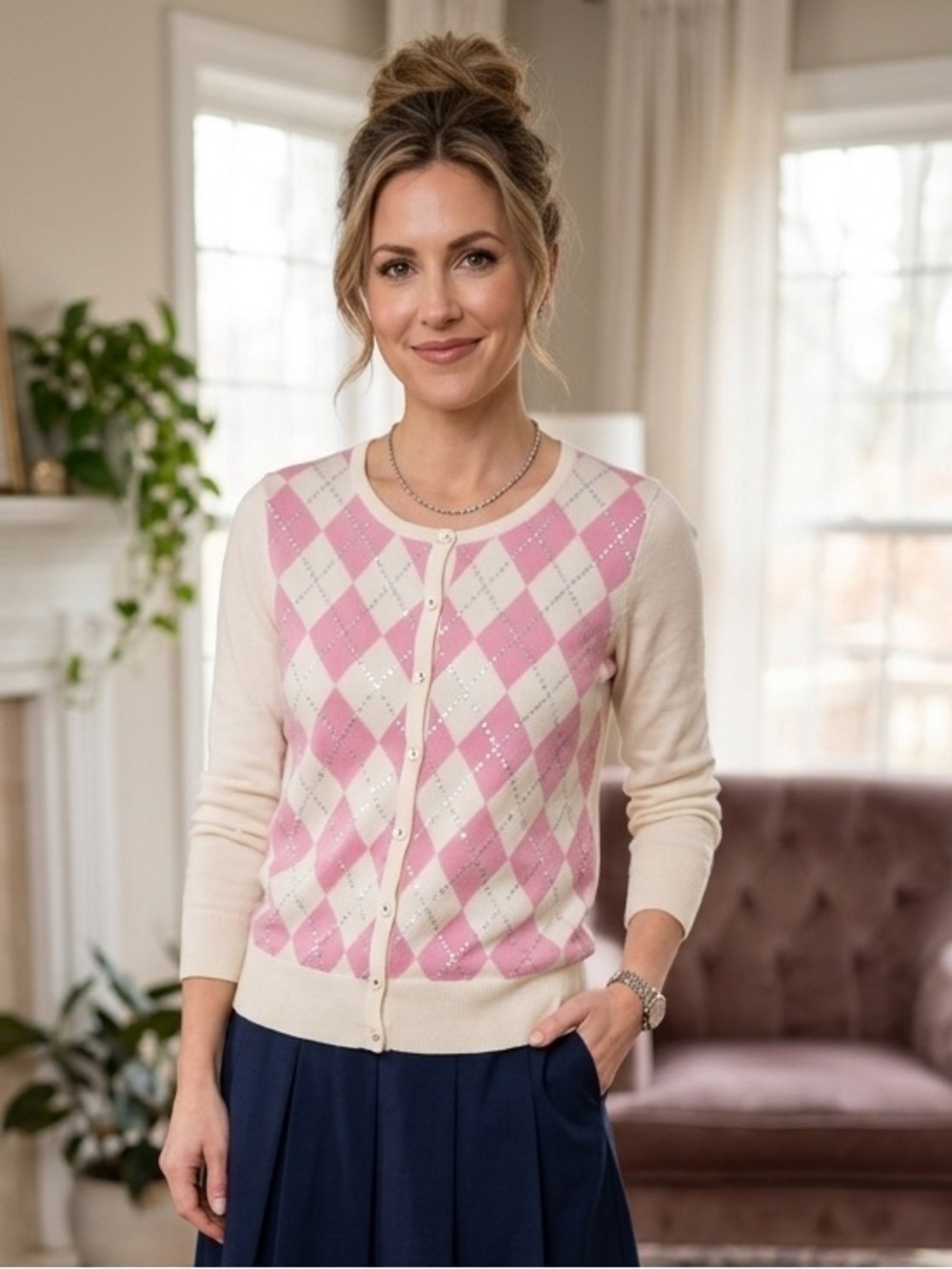 Talbots Cream Pink Argyle Sequin Sweater Cardigan Medium